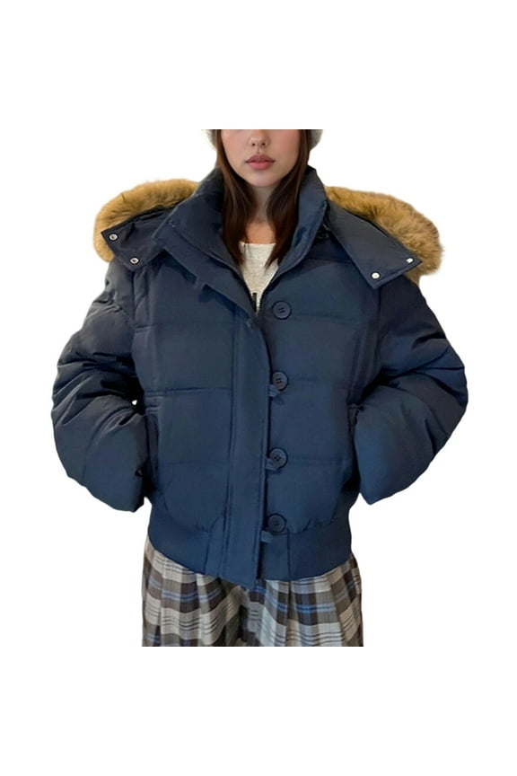 Women's Winter Puffer Jackets Short Varsity Jacket Oversized Coat with Faux Fur Hood Navy S