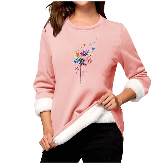 Women's Winter Pullover Top Thickened Print Crewneck Sweatshirt Plush Top Thermal Fleece Base Layer Pink-3 L