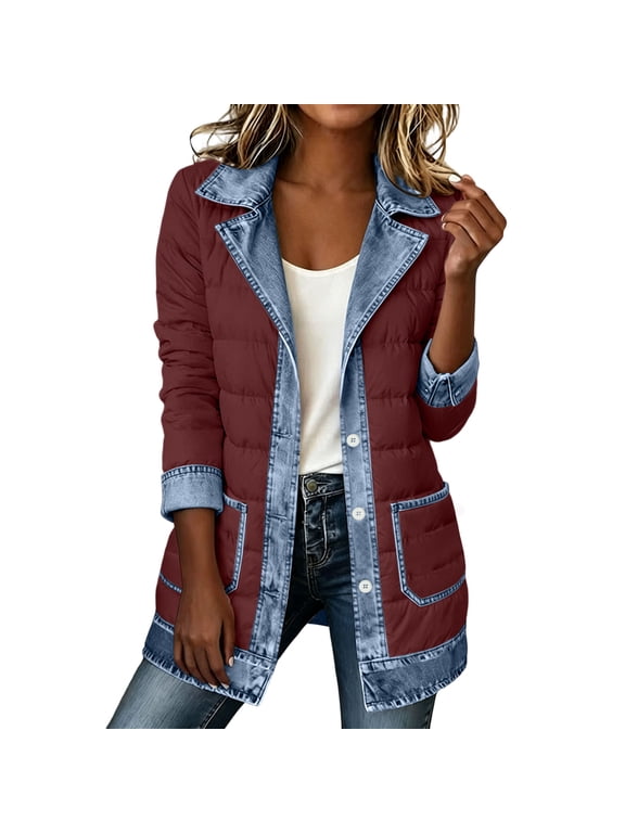 Women's Winter Quilted Coat Denim Lapel Patchwork Long Sleeve Button Front Mid Length Padded Jacket Casual Warm Outerwear with Pockets Wine L
