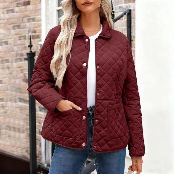 Women's Winter Quilted Jackets Lightweight Long Sleeve Button down Puffer Coats Outerwear with Pockets New Oversized Jacket for Women Red XL