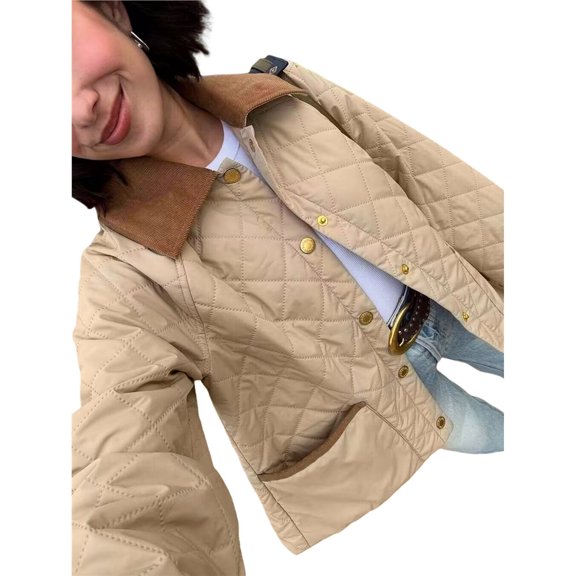 Women's Winter Quilted Jackets Long Sleeve Button Down Puffer Jacket Outerwear Coats with Pockets Khaki XL