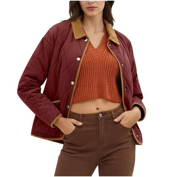 Women's Winter Quilted Jackets Long Sleeve Button Down Puffer Jacket Outerwear Coats with Pockets Red XXL