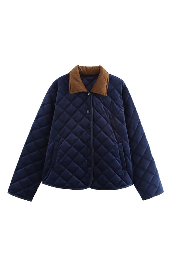 Women's Winter Quilted Jackets Long Sleeve Button down Puffer Coat Fall Casual Padded Outerwear with Pockets New Lightweight Jacket Women Dressy Blue L