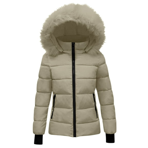 Women's Winter Quilted Jackets with Removable Fuzzy Hooded Warm Thicken Quilted Padded Jacket Short Parkas Outwear Zipper Pockets Khaki M