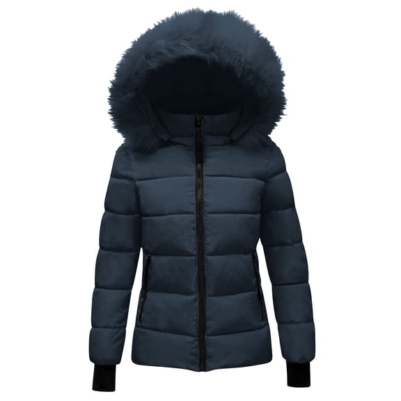 Women's Winter Quilted Jackets with Removable Fuzzy Hooded Warm Thicken Quilted Padded Jacket Short Parkas Outwear Zipper Pockets Navy M