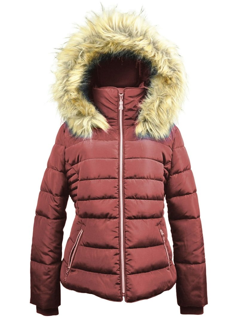 Women's Winter Quilted Puffer Jacket with Faux Fur Removable Hood