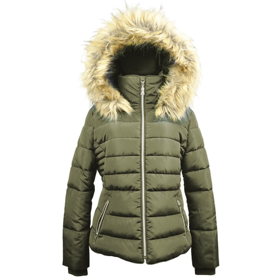 Women's Winter Quilted Puffer Coat Fleece Lined Warm Jacket with Removable Faux Fur Hood and Zipper