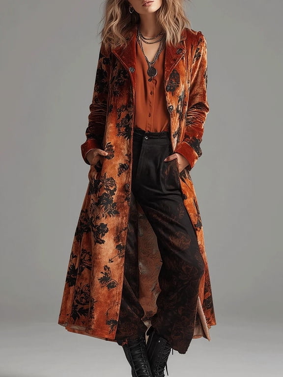 Women's Winter Retro Printed Faux Suede Long Trench Coat Classic Lapel Windproof Slim Fit Overcoat Western Style Single Breasted Warm Outerwear with Side Pockets