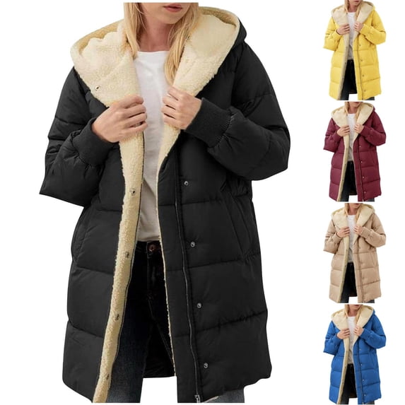 Women's Winter Reversible Long Coat with Pockets, Solid Color Casual Fashion Zippered Outerwear Jacket, Thickened Warm Windproof Coat for Cold Weather | CSEONE,Khaki XL