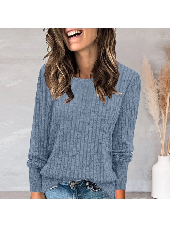 Women's And Winter Round Neck Brushed Strip Solid Color Top Women Tees And Tops Plain Long Sleeve Shirt Women Striped Womens T Shirt Womens Bulk Womens T Shirts Casual Women Solid Shirt V Neck Tee