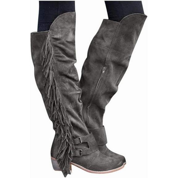 Women's Winter Round Toe Over The Knee Boots Casual Over The Knee Retro Fringe Flat Heel Zipper Sides Long Boots Square Heels Knee High Boots Shoes