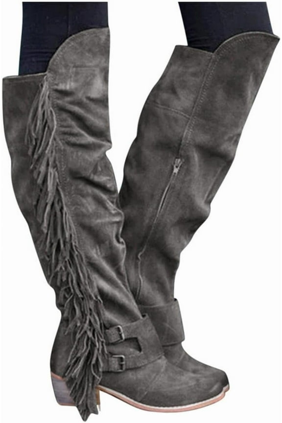 Women's Winter Round Toe Over The Knee Boots Casual Over The Knee Retro Fringe Flat Heel Zipper Sides Long Boots Square Heels Knee High Boots Shoes