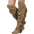 thumbnail image 1 of Women's Winter Round Toe Over The Knee Boots Casual Over The Knee Retro Fringe Flat Heel Zipper Sides Long Boots Square Heels Knee High Boots Shoes, 1 of 4
