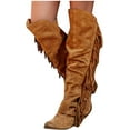 thumbnail image 1 of Women's Winter Round Toe Over The Knee Boots Casual Over The Knee Retro Fringe Flat Heel Zipper Sides Long Boots Square Heels Knee High Boots Shoes, 1 of 4