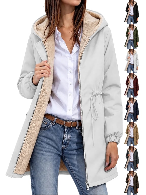 Women's Winter Sherpa Lined Parka Hooded Windproof Jacket Zip Up Warm Fleece Coat with Drawstring Waist and Pockets Outerwear