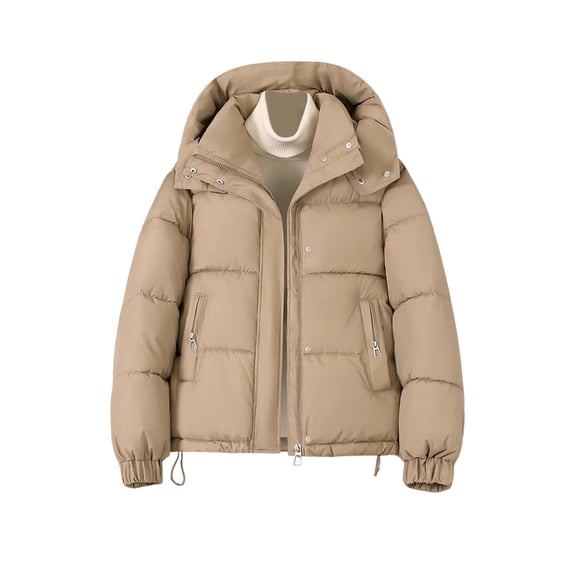 Women's Winter Short Hooded Puffer Coat Zip & Snap Button Closure Quilted Padded Jacket Adjustable Drawstring Hem Casual Warm Outerwear Khaki