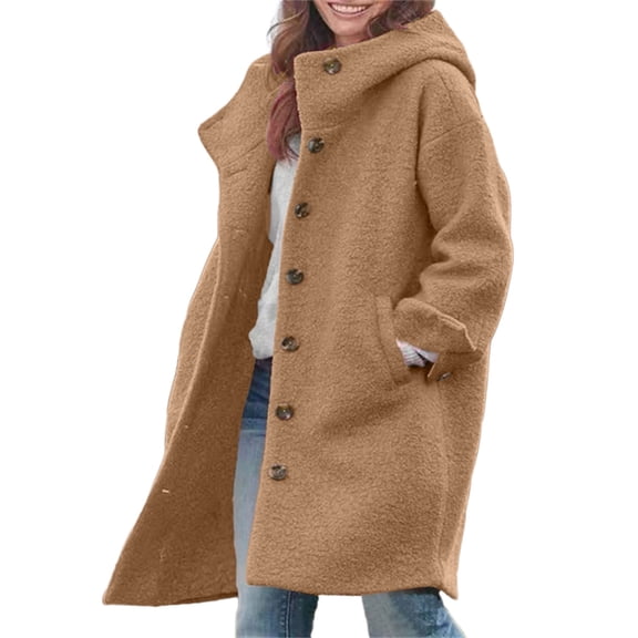 Women's Winter Single Breasted Long Wool Coat with Hood Casual Wool Blend Jacket