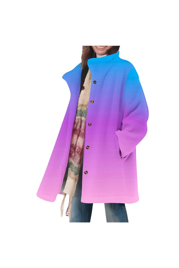 Women's Winter Single Breasted Long Wool Coat with Hood Casual Wool Blend Trench Gradient Color Jacket