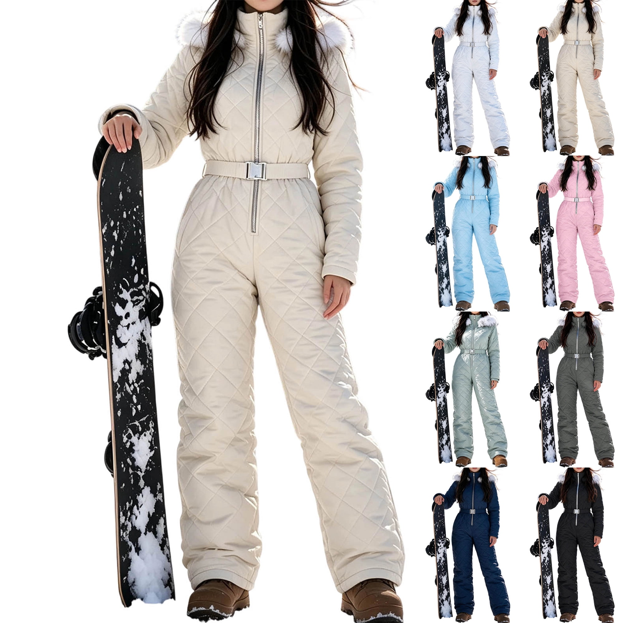Women's Winter Ski Jumpsuit Solid Color Hoodie Diamond Pattern With ...