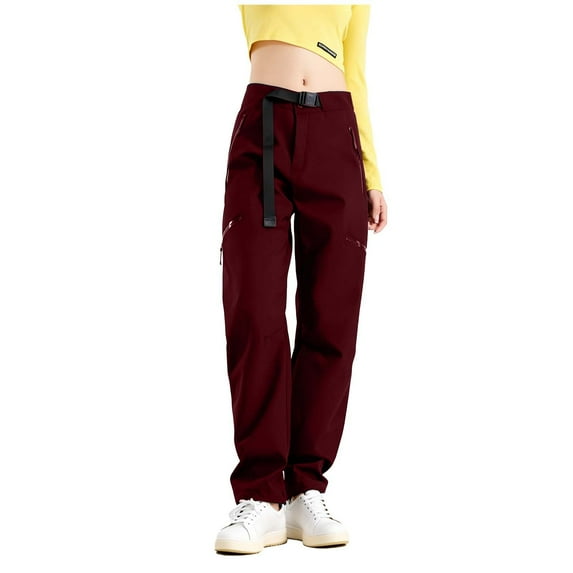 Women's Winter Ski Pants Thickened Fleece Lined Outdoor Warm Hiking Pants Waterproof Windbreaker Snow Trousers with Zip Pockets Wine XXL