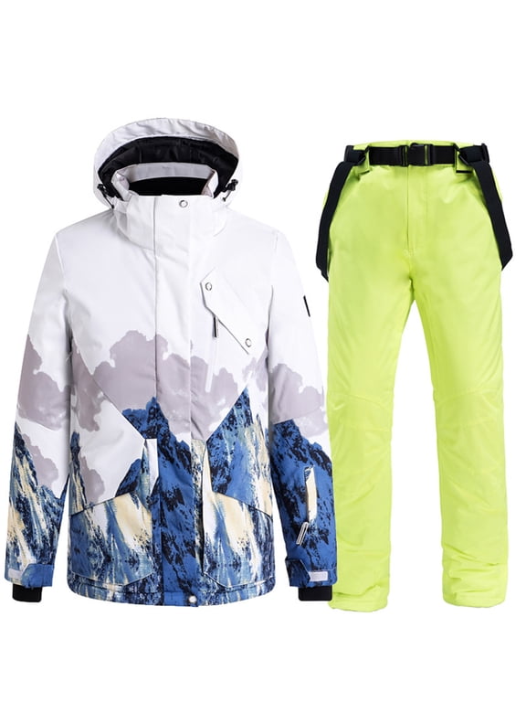 Women's Winter Ski Sets Hooded Zip Button Print Jackets Bib Overall Windproof Thermal 2 Piece Suit With Multi Pockets (3XL, Green)