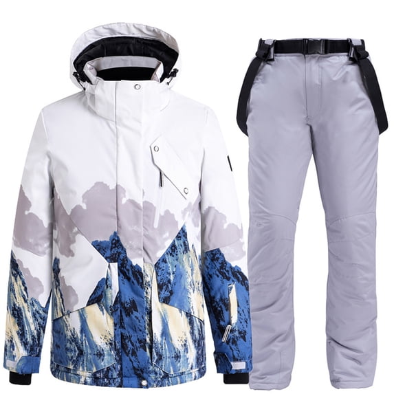 Women's Winter Ski Sets Hooded Zip Button Print Jackets Bib Overall Windproof Thermal 2 Piece Suit With Multi Pockets (M, Gray)