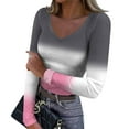 thumbnail image 1 of Women's Winter Slim-Fit Base Layer T-Shirt Fashionable Gradient Color Print V-Neck Pullover Long-Sleeved Top for Layering and Style,Pink,S, 1 of 6