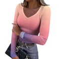 thumbnail image 1 of Women's Winter Slim-Fit Base Layer T-Shirt Fashionable Gradient Color Print V-Neck Pullover Long-Sleeved Top for Layering and Style,Purple Pink,M, 1 of 6
