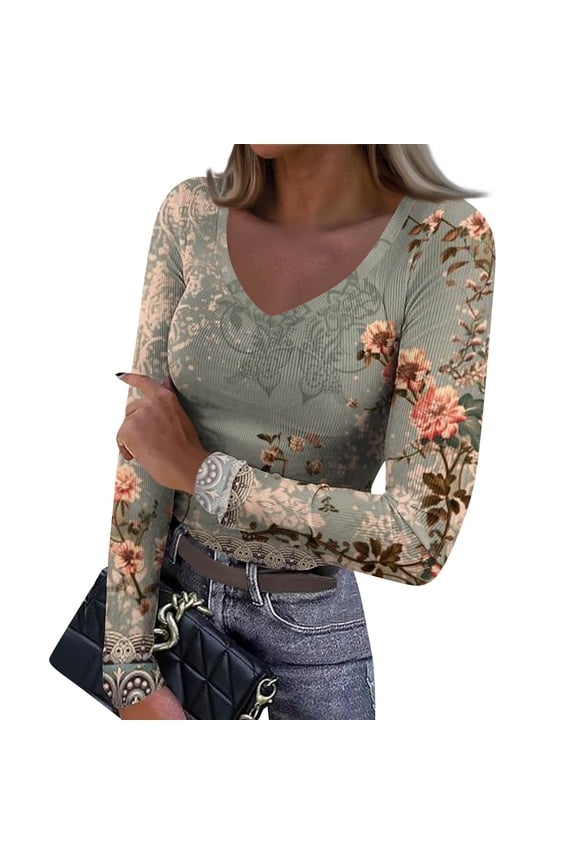 Women's Winter Slim-Fit Base Layer T-Shirt Fashionable Retro Floral Print V-Neck Pullover Long-Sleeved Top for Casual and Layered Outfits,Army Green,L