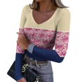 thumbnail image 1 of Women's Winter Slim-Fit Base Layer T-Shirt Fashionable Retro Floral Print V-Neck Pullover Long-Sleeved Top for Everyday Fashion and Comfort,Hot Pink,L, 1 of 6