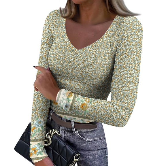 Women's Winter Slim-Fit Base Layer T-Shirt Fashionable Retro Floral Print V-Neck Pullover Long-Sleeved Top for Everyday Fashion and Comfort,Mint Green,XL