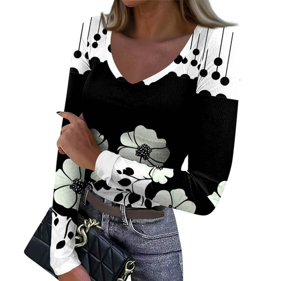 Women's Winter Slim-Fit Base Layer T-Shirt Fashionable Retro Floral Print V-Neck Pullover Long-Sleeved Top for Casual and Layered Outfits,Black,XL