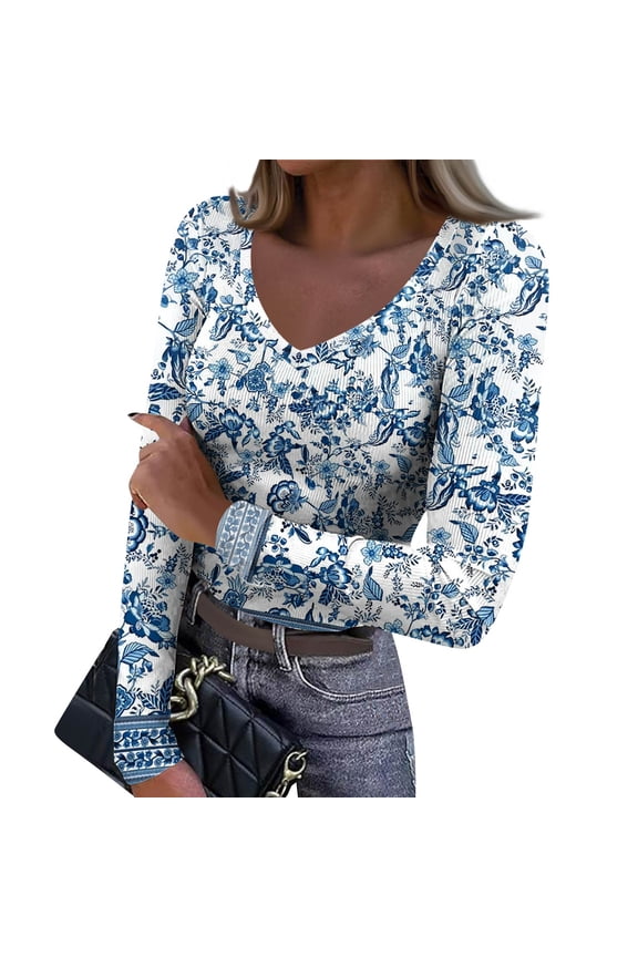 Women's Winter Slim-Fit Base Layer T-Shirt Fashionable Retro Floral Print V-Neck Pullover Long-Sleeved Top for Everyday Fashion and Comfort,Blue,M