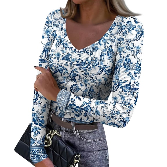 Women's Winter Slim-Fit Base Layer T-Shirt Fashionable Retro Floral Print V-Neck Pullover Long-Sleeved Top for Everyday Fashion and Comfort,Blue,M