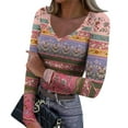 thumbnail image 1 of Women's Winter Slim-Fit Base Layer T-Shirt Fashionable Retro Floral Print V-Neck Pullover Long-Sleeved Top for Everyday Fashion and Comfort,Pink,S, 1 of 6