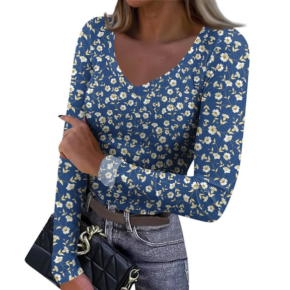 Women's Winter Slim-Fit Base Layer T-Shirt Fashionable Retro Polka Dot Print V-Neck Pullover Long-Sleeved Top for Casual and Chic Looks,Blue,L