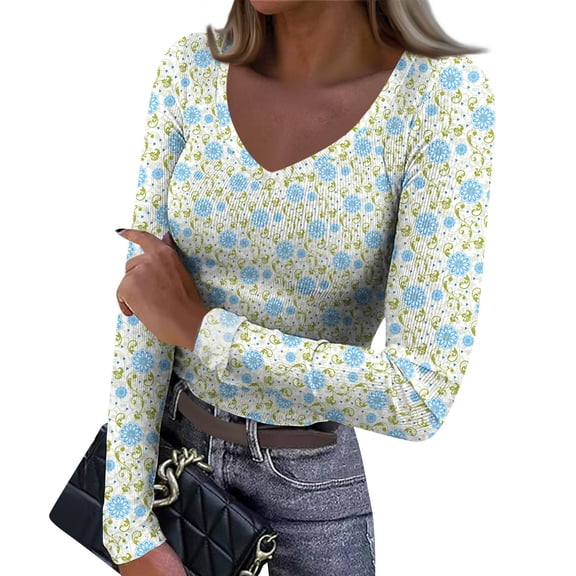 Women's Winter Slim-Fit Base Layer T-Shirt Fashionable Retro Polka Dot Print V-Neck Pullover Long-Sleeved Top for Casual and Chic Looks,Light Green,L