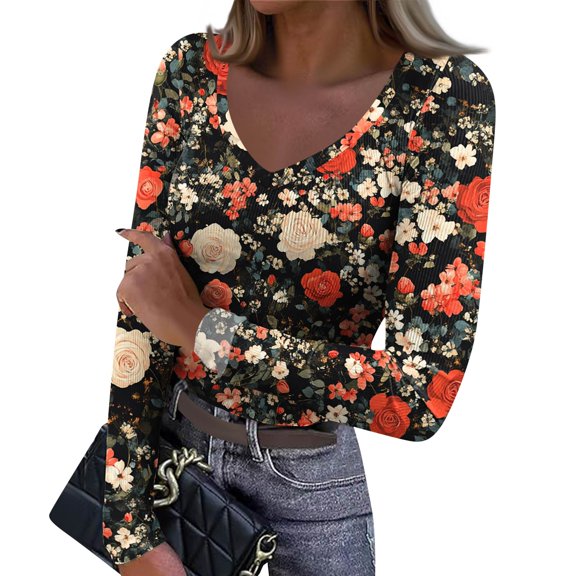 Women's Winter Slim-Fit Base Layer T-Shirt Fashionable Retro Polka Dot Print V-Neck Pullover Long-Sleeved Top for Casual and Chic Looks,Red,M