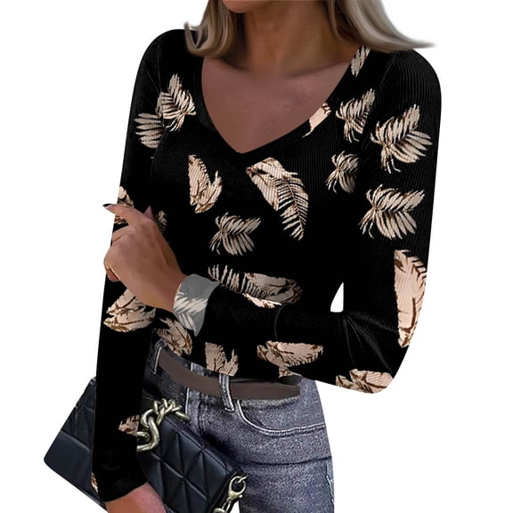 Women's Winter Slim-Fit Base Layer T-Shirt Fashionable Retro Print V-Neck Pullover Long-Sleeved Top for Daily Use and Stylish Comfort,Black,XL