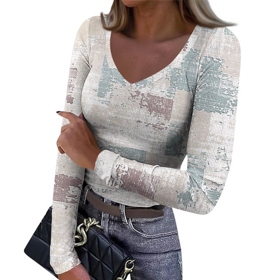 Women's Winter Slim-Fit Base Layer T-Shirt Fashionable Retro Print V-Neck Pullover Long-Sleeved Top for Daily Use and Stylish Comfort,Light Blue,2XL