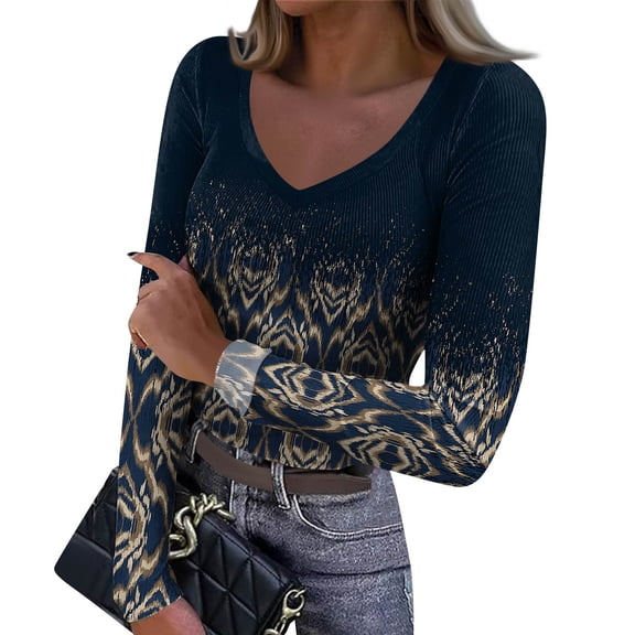 Women's Winter Slim-Fit Base Layer T-Shirt Fashionable Retro Print V-Neck Pullover Long-Sleeved Top for Daily Use and Stylish Comfort,Navy,S