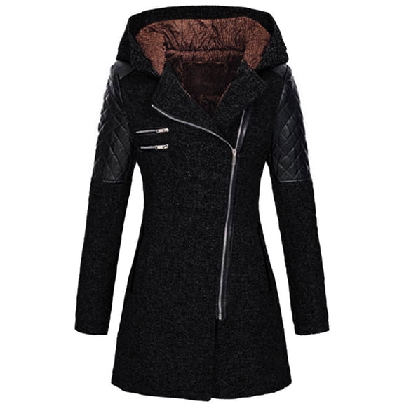 Women's Winter Slim Thickened Coat - Hooded Zipper Front Fleece-Lined Wool Blend Jacket, Black, XL