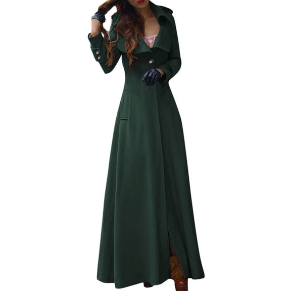 Women's Winter Slim Trench Coat - Lapel Long Overcoat Casual Outwear, Dark Green, M