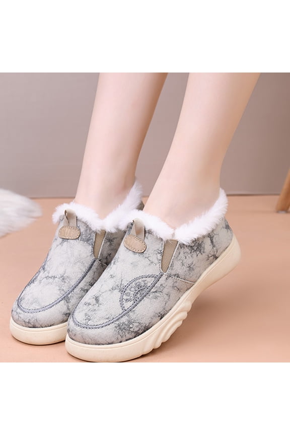 Women's Winter Slip-On Boots Plush Lined Comfort Shoes Canvas Upper Warm House Shoes for Indoor Outdoor Use
