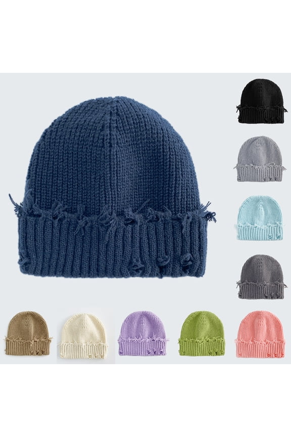 Women's Winter Slouchy Knit Beanie Distressed Hole Design Face Slimming Wool Cap Gray