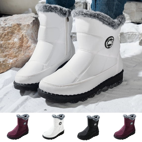 Women's Winter Snow Boots Fleece Lined Mid Calf Round Toe Water Resistant Boots Anti-Slip Rubber Sole Side Zipper Flat Warm Outdoor Boots for Fall Winter Daily Wear
