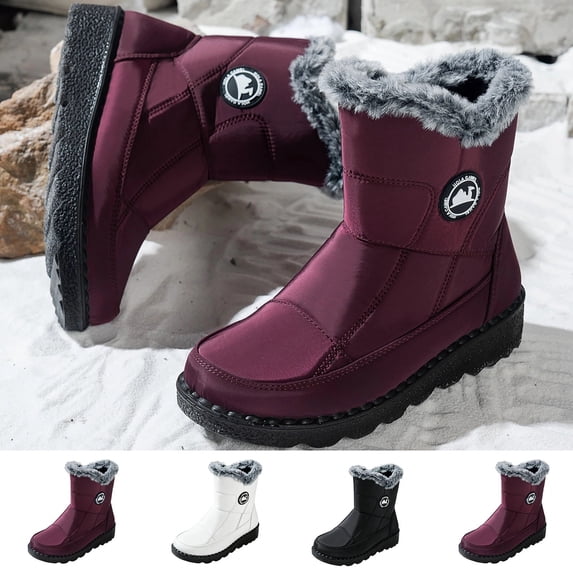 Women's Winter Snow Boots Fleece Lined Mid Calf Round Toe Water Resistant Boots Anti-Slip Rubber Sole Side Zipper Flat Warm Outdoor Boots for Fall Winter Daily Wear
