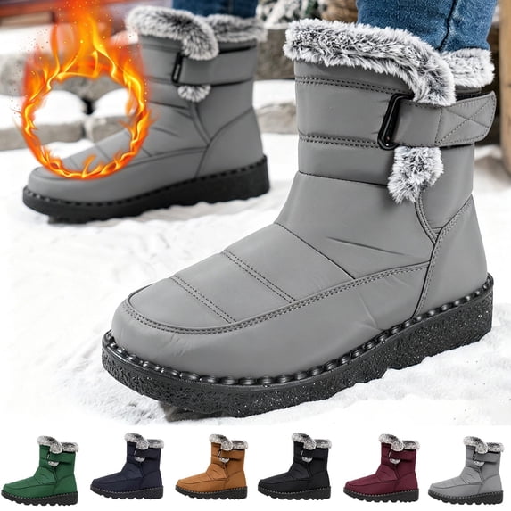 Women's Winter Snow Boots Fleece Lined Mid Calf Water Resistant Anti-Slip Warm Outdoor Boots with Buckle Strap