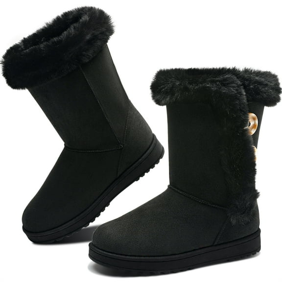 Women's Winter Snow Boots Fur Lined Short Mid Calf Fashion Boot Art Resin Button Faux Suede Boots(Black US10)