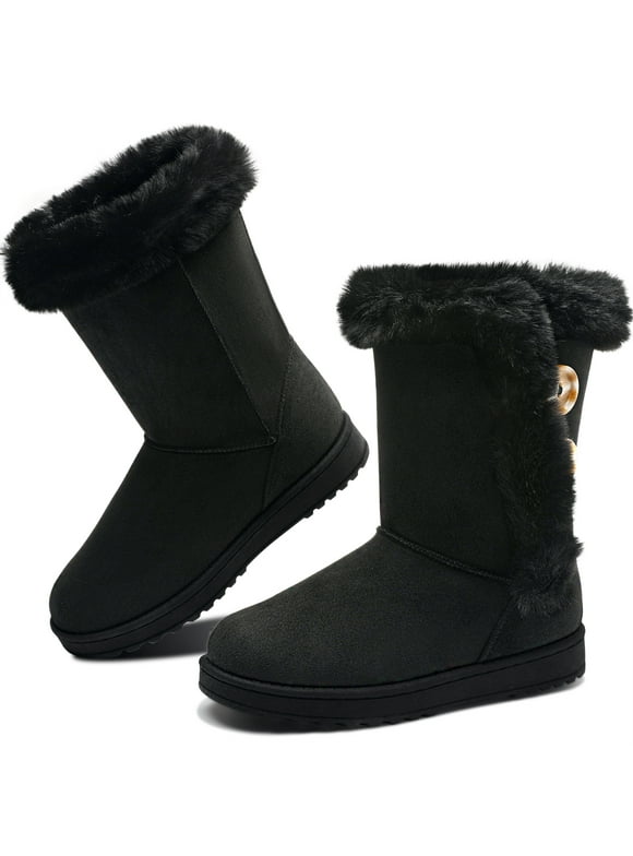 Women's Winter Snow Boots Fur Lined Short Mid Calf Fashion Boot Art Resin Button Faux Suede Boots(Black US7.5)
